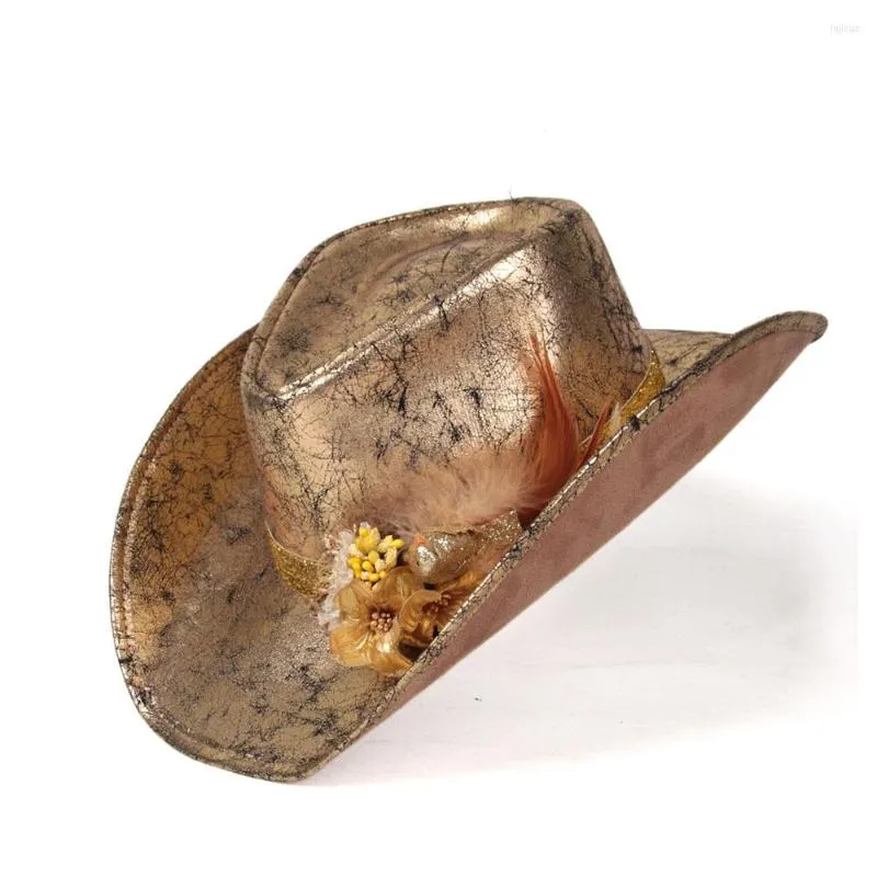 Berets Women skóra Western Cowboy Hats Outdoor Gold Rill Brim Jazz Hat Flower Sombrero Hombre Cowgirl Rozmiar 58-59cm