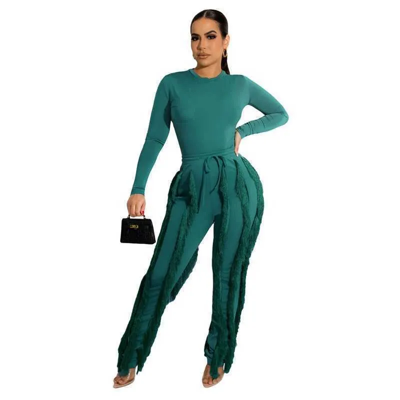 Designer femmes gland deux pièces pantalon ensemble dames à manches longues body combinaison haut et pantalon à cordon correspondant tenues269q