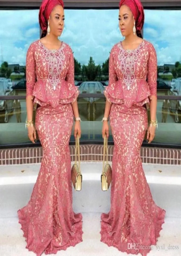 Aso ebi Nigeria Style Lace Long Arabic Evermance Dresses Mermaid Prom Dresses 34長袖Peplum Plus Size8392918