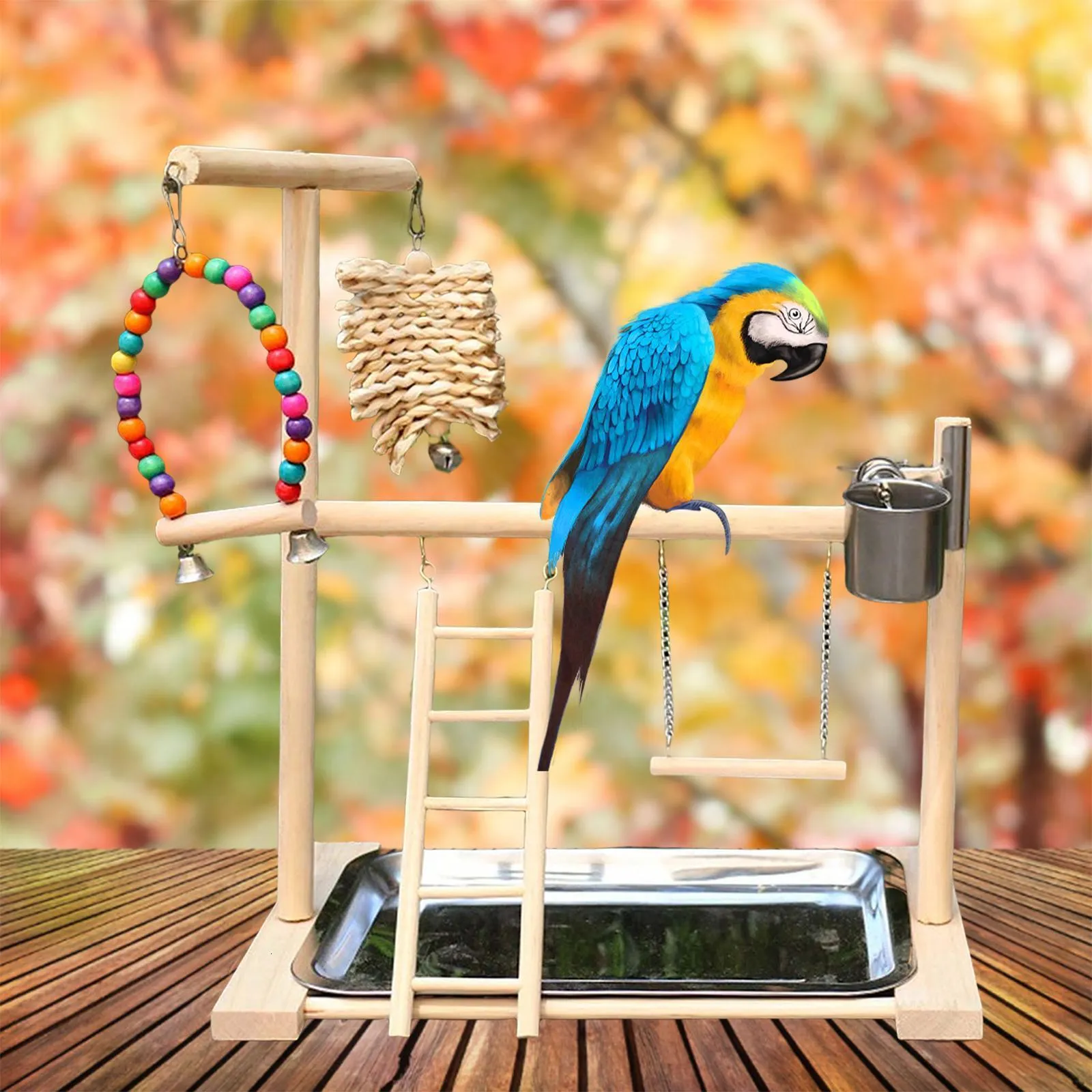 Pet Parrot Playstand Bird Playground Solid Wood Perch Ladder for Parakeet