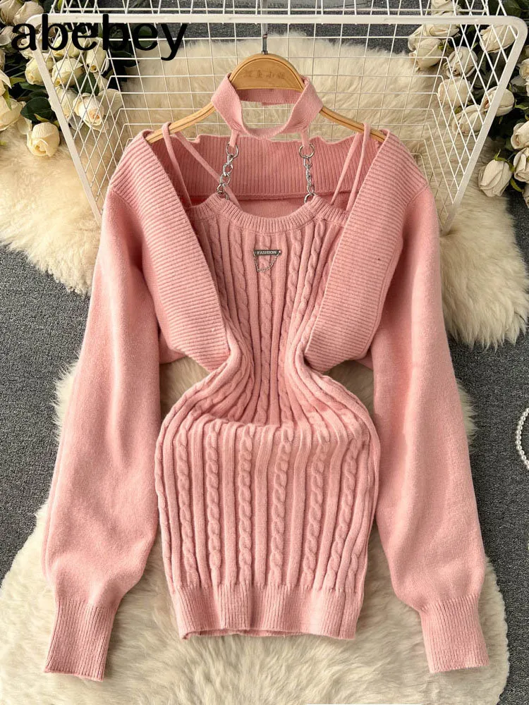 Vestido de duas peças Mulheres de malha rosa conjuntos de mangas compridas Cardigan Sweater Elastic Mini French Style Casual Conjunto 221122