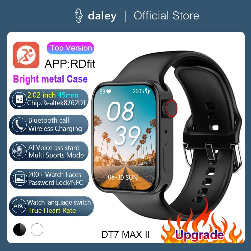 Nova série do relógio inteligente 8 Ultra 45mm 2,02 polegadas homens homens mulheres senhoras NFC Bluetooth Chamada Pulseira sem fio Carregamento DT7 Max 2 Smartwatch Bracelet PK T500 W26