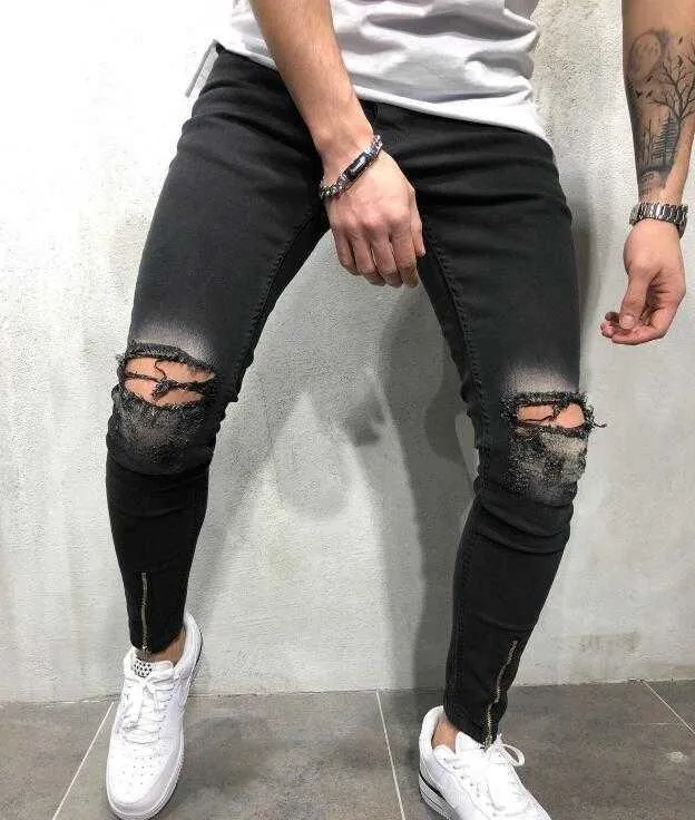 Svarta jeans män jeans förstörda rippade designpennor byxor ankel mager män högkvalitativ gata kläder x0621