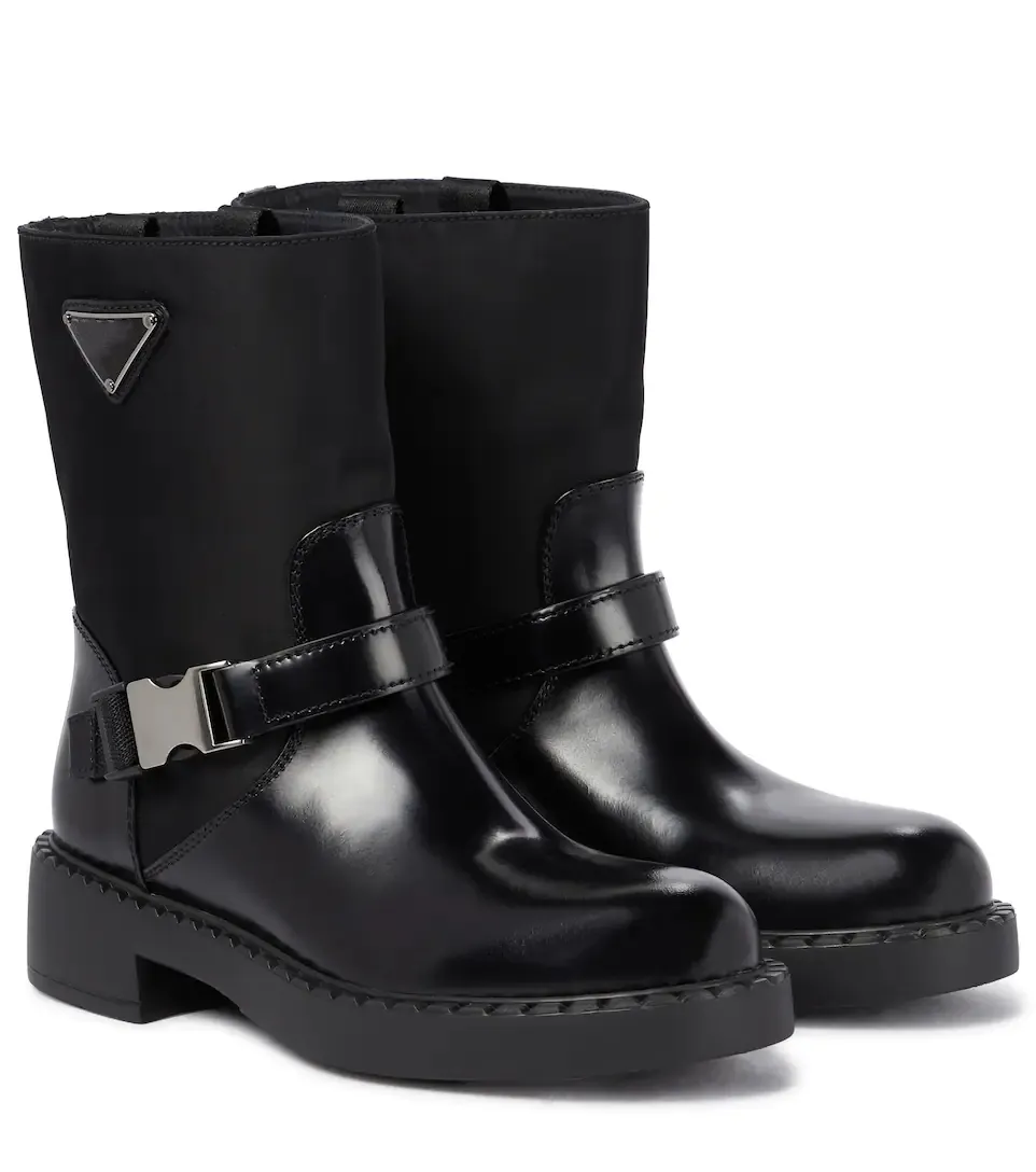 Designer-Stiefeletten für Damen, luxuriöse Stiefeletten aus gebürstetem Leder und Re-Nylon, runde Zehen, niedriger Absatz, EU 35–40, mit Box