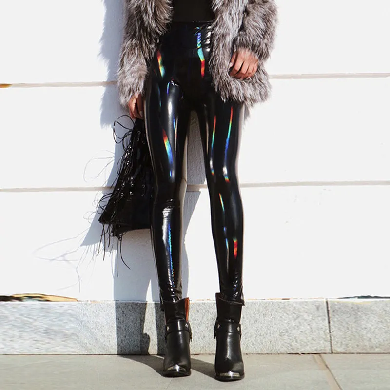 Pantaloni da donna Laertes Sexy PU Specchio Laser Colorato Matita Nera Donna Imitazione Pelle 2022 Autunno Party Club Streetwear