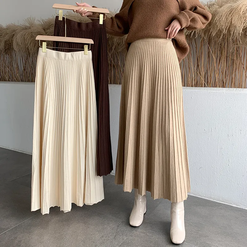 Gonne a maglia spessa elastica a vita alta inverno moda coreana gonna da donna pieghe larghe ALine elegante a metà polpaccio lungo per le donne 221122