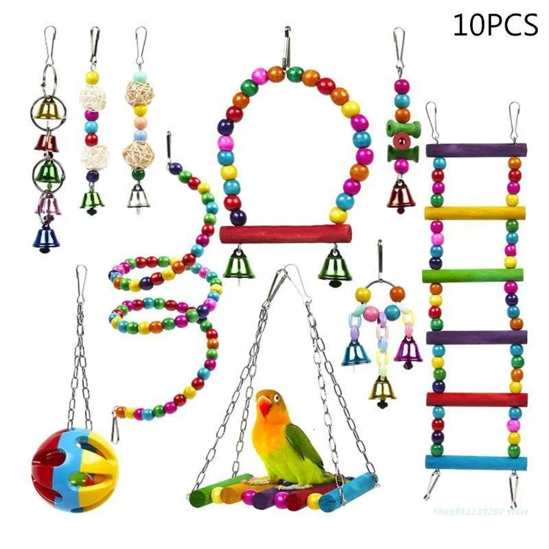 Autres fournitures pour animaux de compagnie C5AD 10pcs échelles de perroquet en bois hamac cage à oiseaux balançoire perche support suspendu mâcher balle cloche puzzle jouets 221122