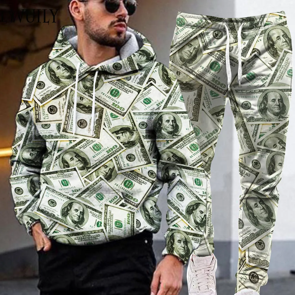 Men's Hoodies Sweatshirts Men's Dollar Suit Youth Money Graphic Hooded For Men Holiday 3D Print Hoodie Casual Hip Hop Pattern Sweatpants 221122