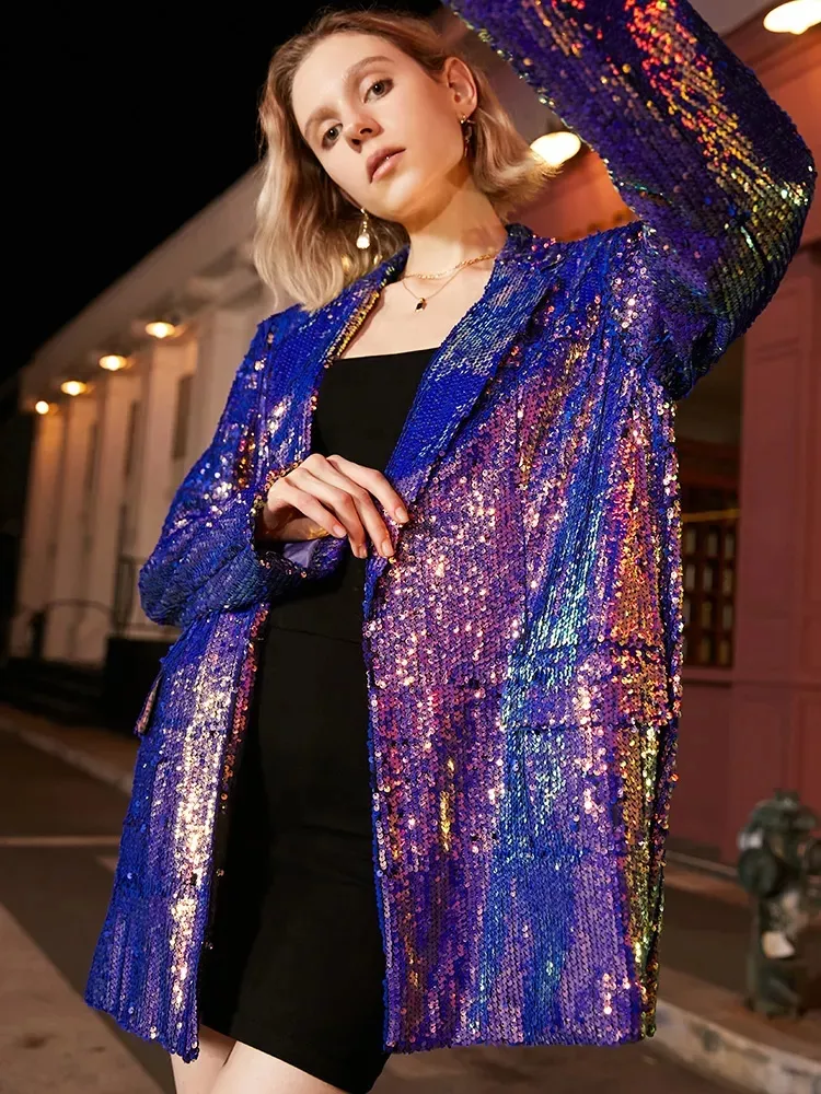 BS146 Women's Suits & Blazers Loose Fit Notched Sequins Big Size Jacket New Lapel Long Sleeve Women Coat Fashion CLUB NIGHT Tide Spring Autumn