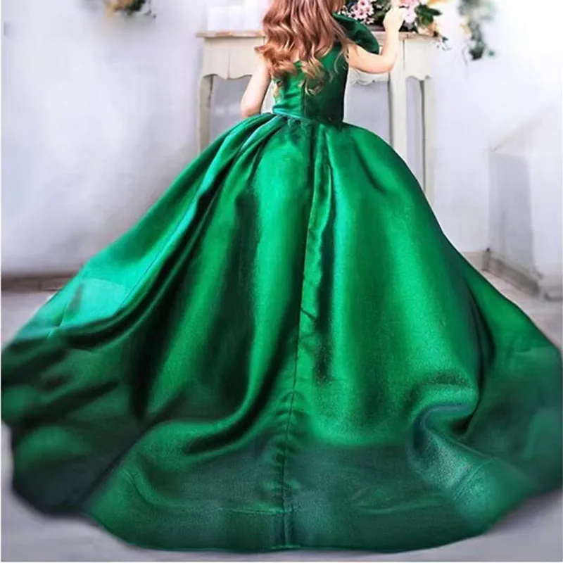 Emerald Green Satin One Shoulder Emerald Green formal gown for Girls with Bow Tie Puffy Skirt - Perfect for Christmas, Birthdays, Pageants, and