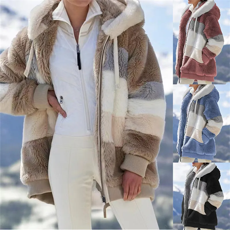 Femmes Vestes Femmes Chaud En Peluche Hiver Épais Polaire Fausse Fourrure Zipper À Manches Longues À Capuche Manteau Femme Casual Poche Surdimensionné Manteaux 221122