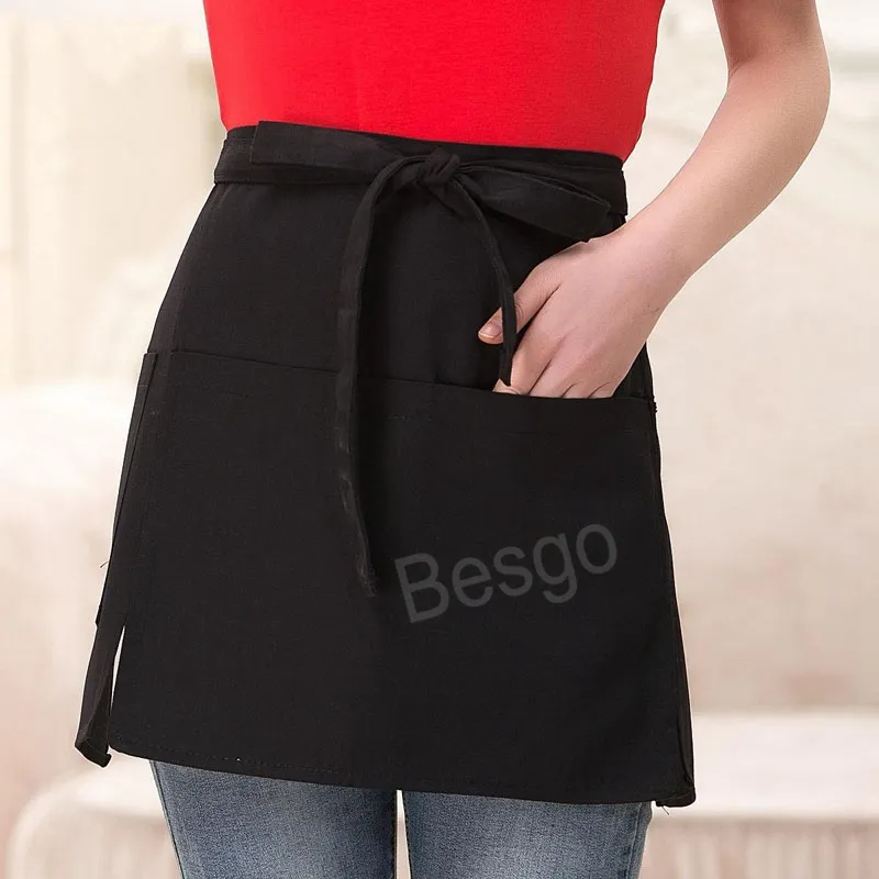 Einfarbige halbe Büste Latzschürze Restaurant Kaffee Teeladen Kellnerin Arbeitskleidung Schürzen Küche Taille kurze Schürze mit Taschen BH7996 TYJ