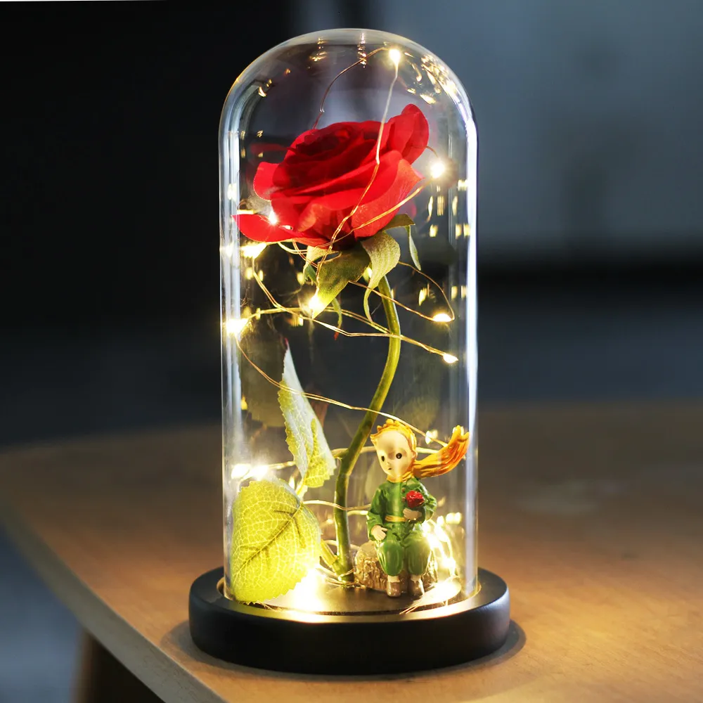 Dekorative Blumen Kränze Kleiner Prinz Künstliche Blume 24k Goldfolie Ewige Rose im Glas mit Lichtern Dekor für Zuhause Geburtstagsgeschenk Muttertagsgeschenke 221122