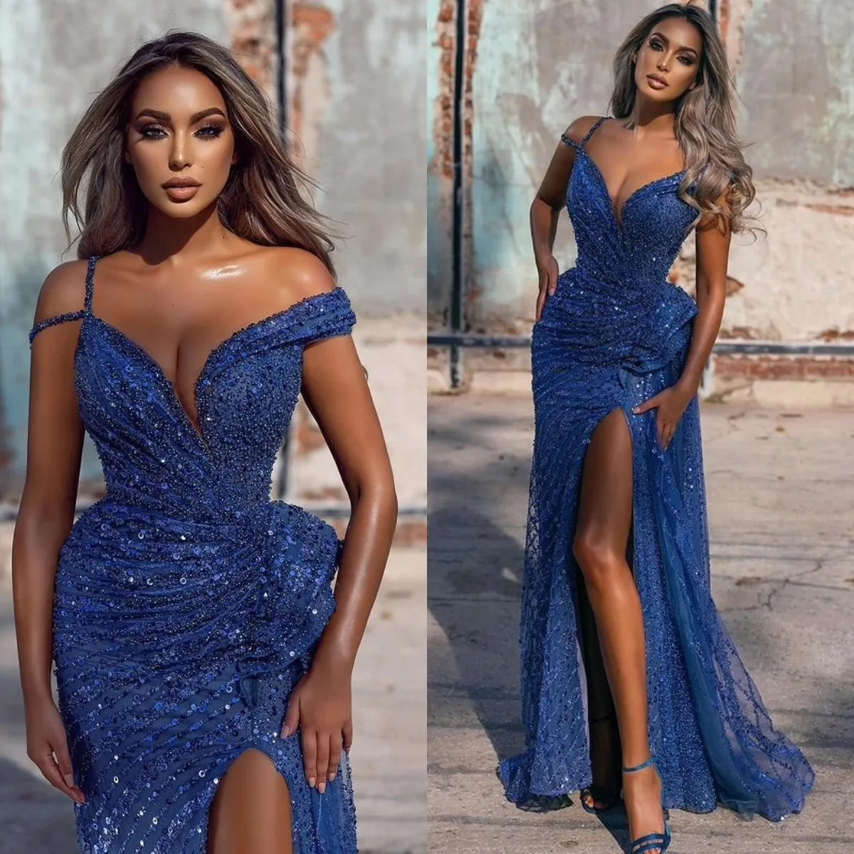 Luxury Mermaid Split Prom Dresses Royal Blue Sparkly Beading Sequined Evening Dress Formal Wear Party Bowns