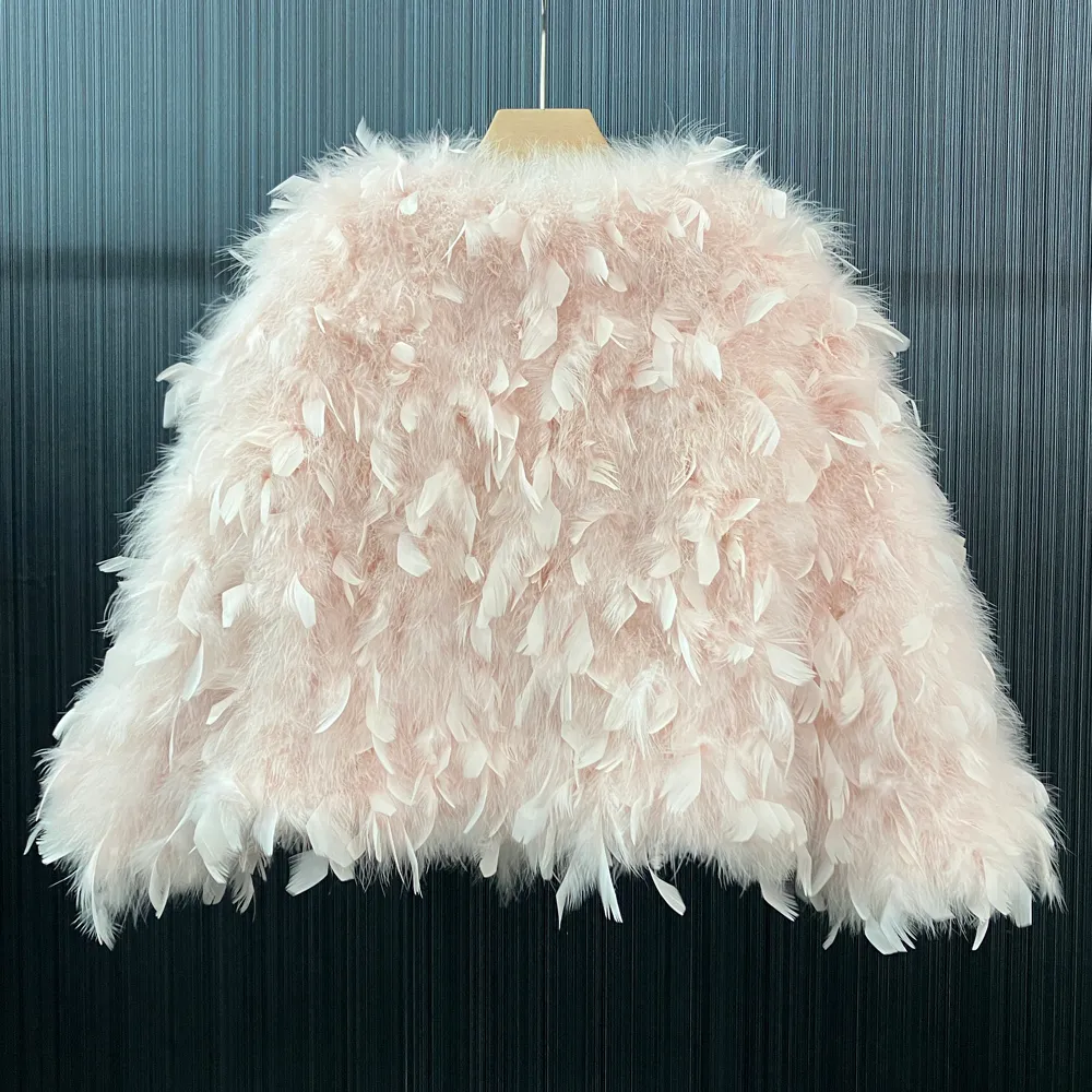 Women s Ostrich Feather Jacket Winter Fashion Sexy Peacock Turkey Short Coat Long Sleeve Outerwear