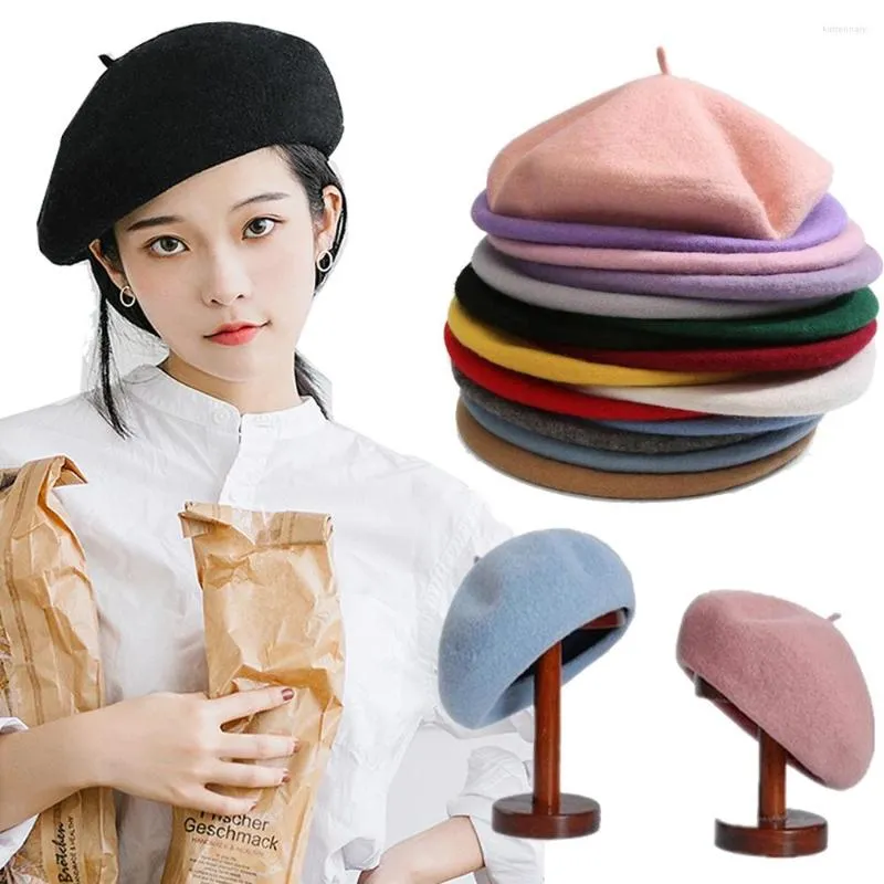 Bérets artiste français femmes fille béret chaud laine hiver bonnet chapeau Vintage plaine casquette couleur unie élégant dame casquettes