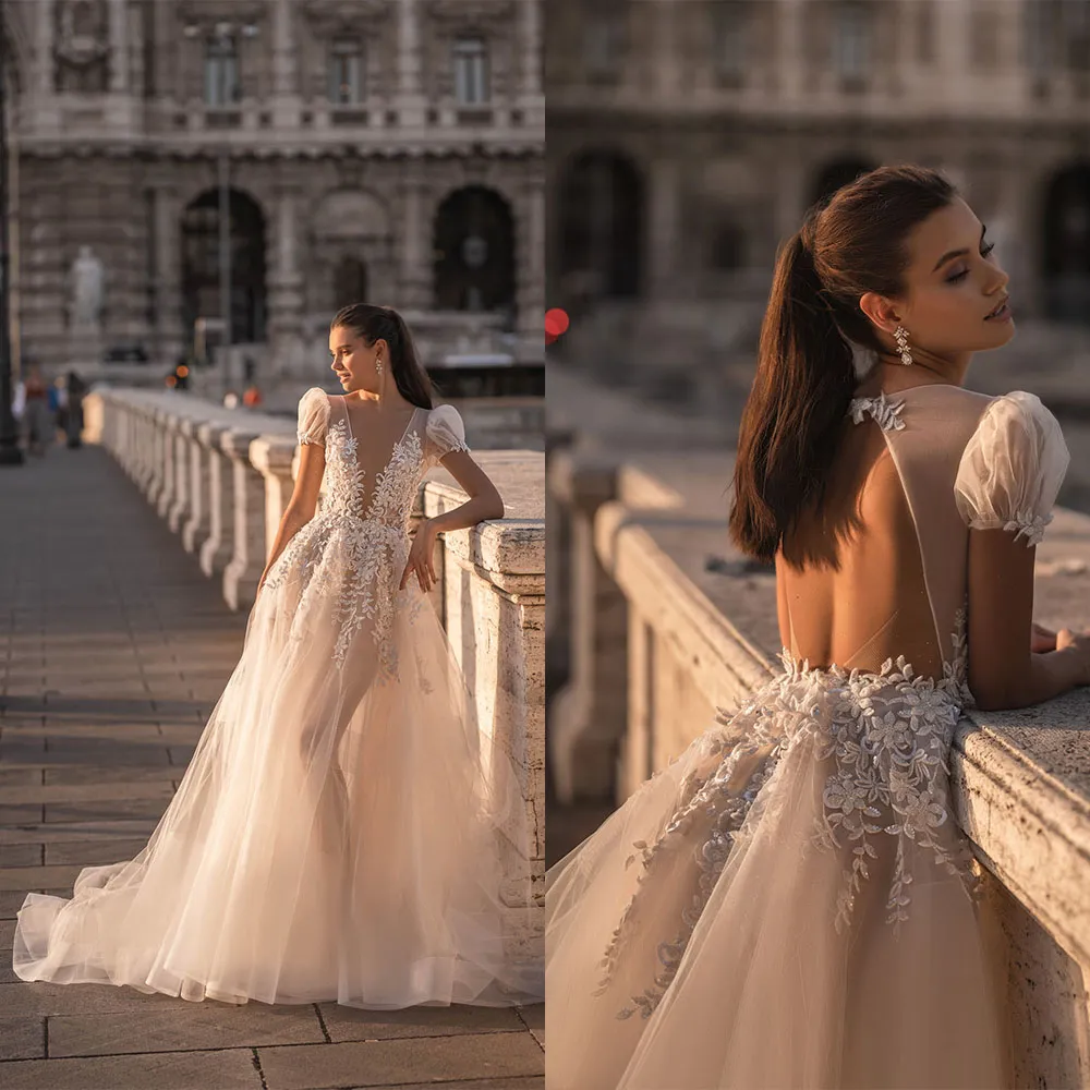 Elegante Berta A Line Wedding Jurken Deep V Necky Puffy Sleeve Bridal Jurken Sweep Train Romantic Dress Lace Robe de Mariee