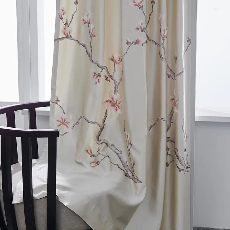 Perde Amerikan Ülke Oturma Odası Pembe Şeftali Çiçek Nakış İmitasyon İpek Drapes Pencere Tedavi Yatak Odası Özel