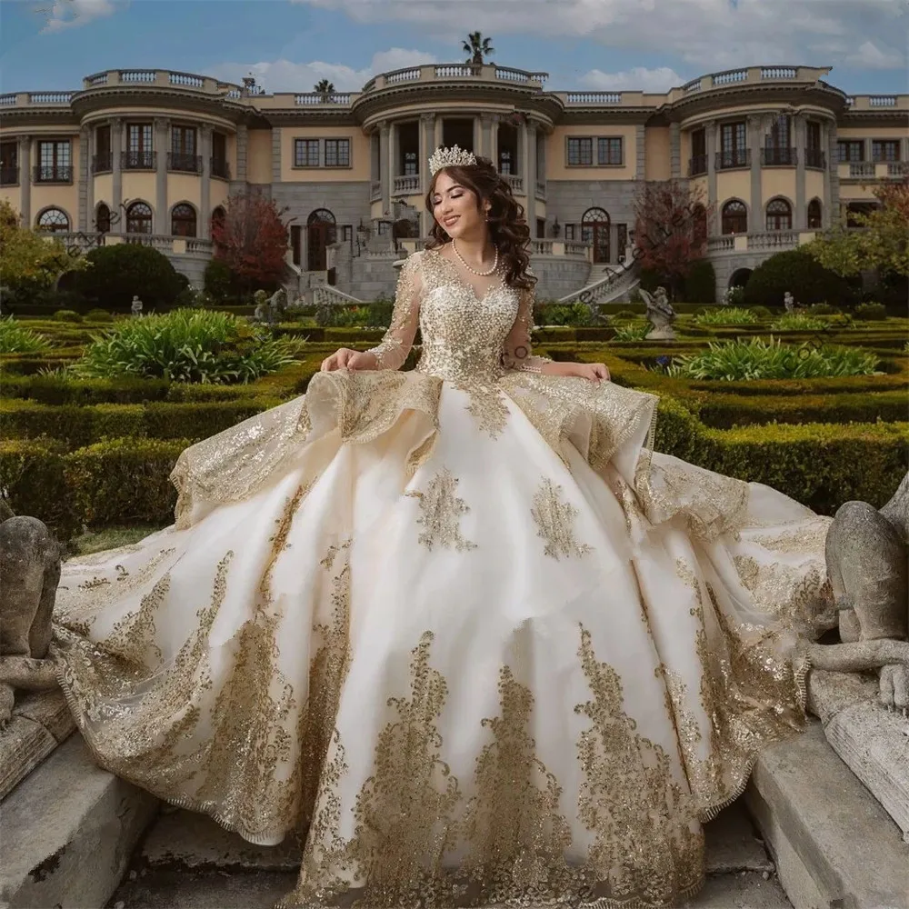 Şampanya Altın Quinceanera Elbise Doğum Günü Partisi Elbise Uzun Kollu Dantel Yukarı Korse Tatlı 15 16 Elbise Vestidos De Quinceanera