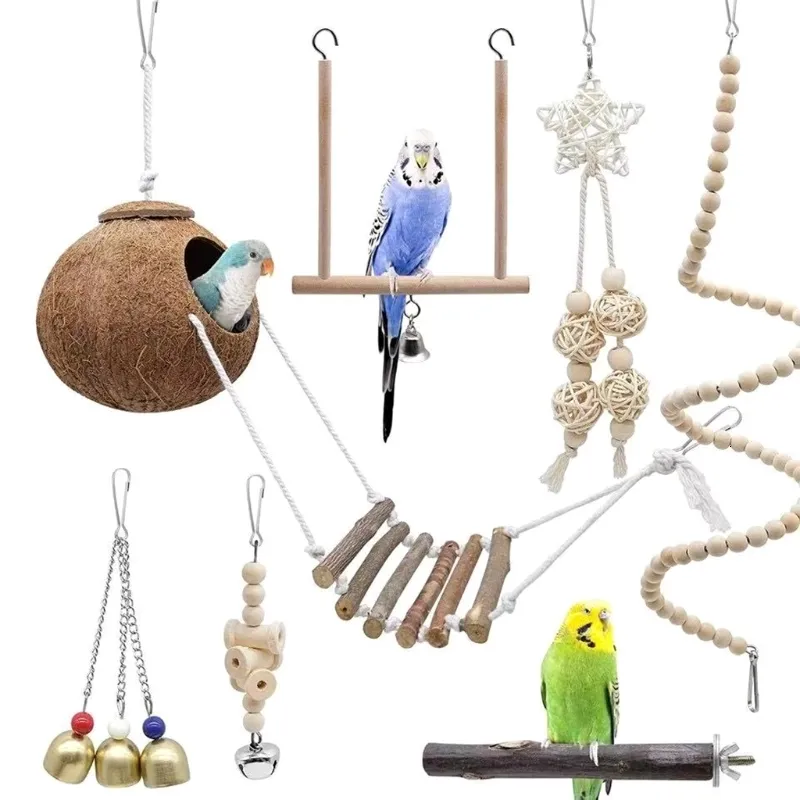 Otros suministros para mascotas 7 piezas Juego de juguetes para pájaros Parrot Coconut House Columpio Escalera Juguete para masticar Campanas colgantes Percha para Conure Finch Mynah Lovebird 221122