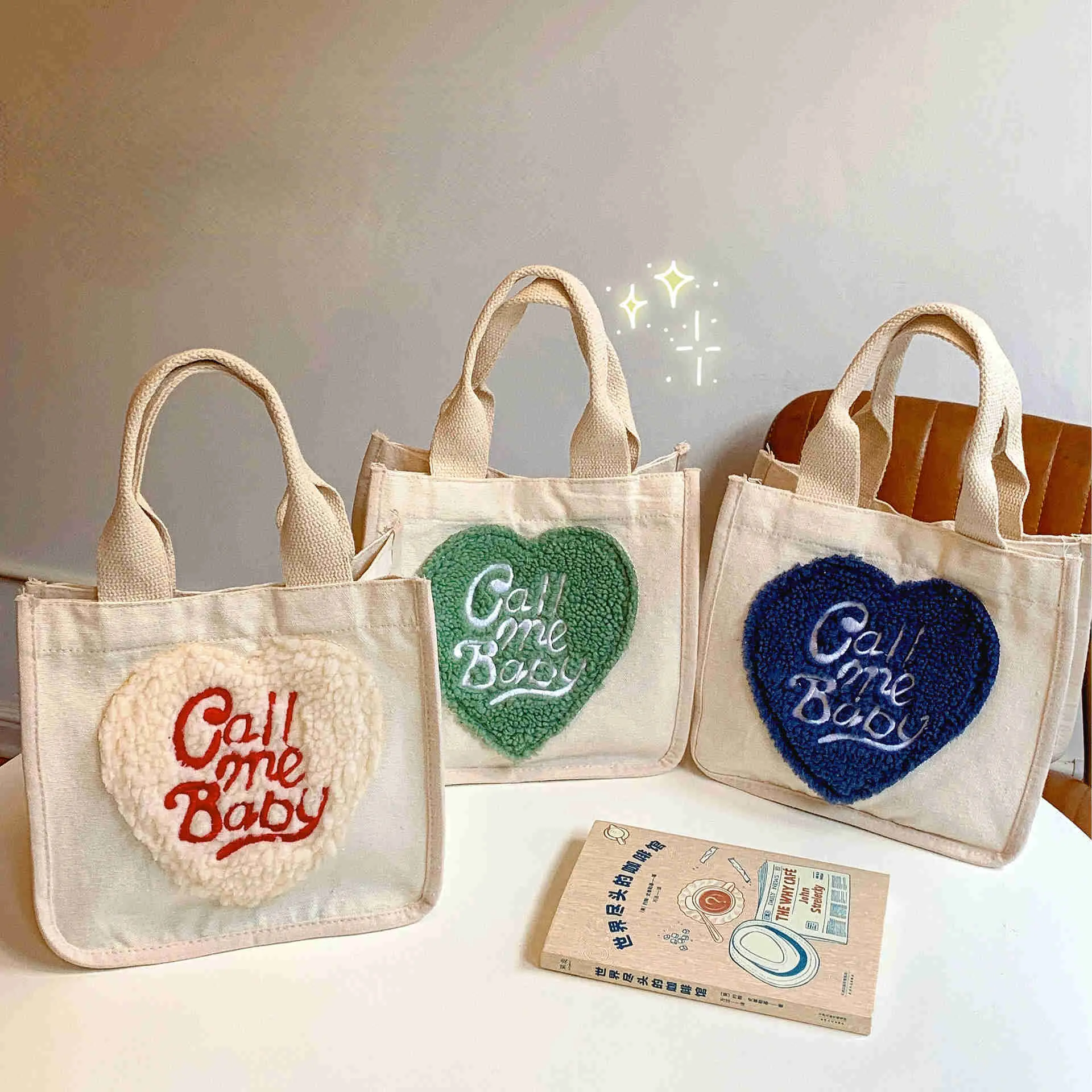 HBP TOTESハンドバッグキュートで新鮮なCallMebaby Plush Love Portable Canvas Bag Small Square Bag韓国INS TOTE BENTO BENTO BAG 221116