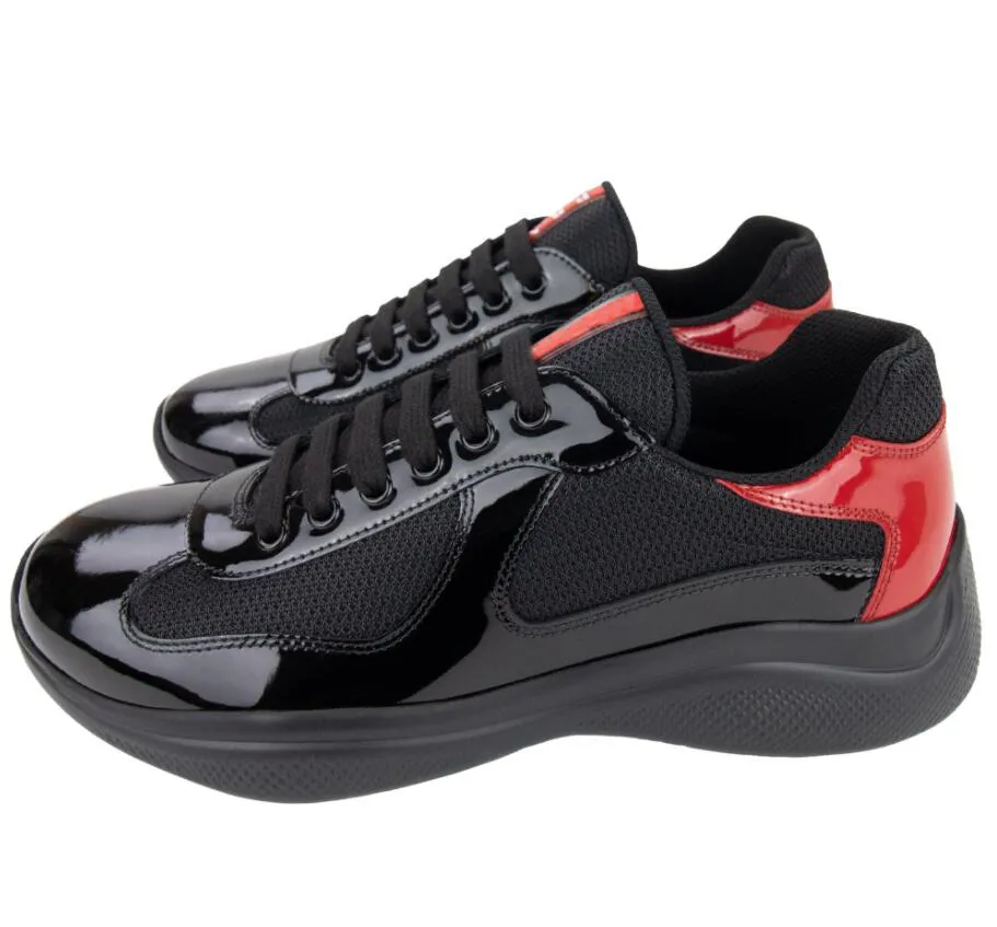 Pop sneaker uomini Fashion Casual Shoes Cash America's Cup Designer Black Patent in pelle bassa top in tessuto in nylon Sneaker allacciato sport all'aperto con scatola