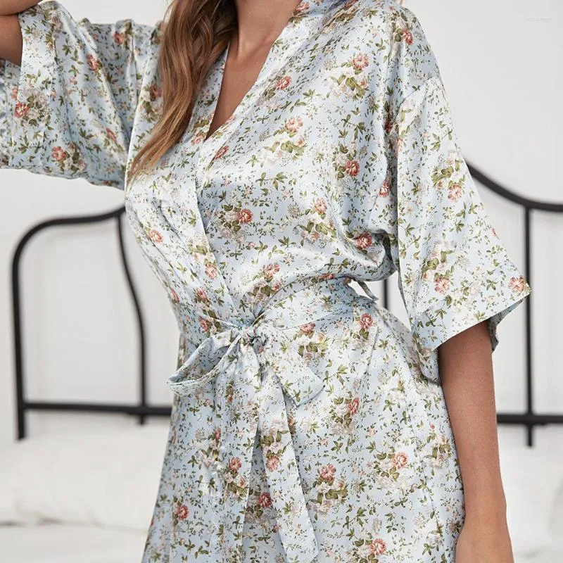 Dames slaapkleding satijn gewaad vrouwen print bloem nachthemd lingerie sexy nachtkleding zomer losse kimono badjas jurk lounge slijtage v-neck