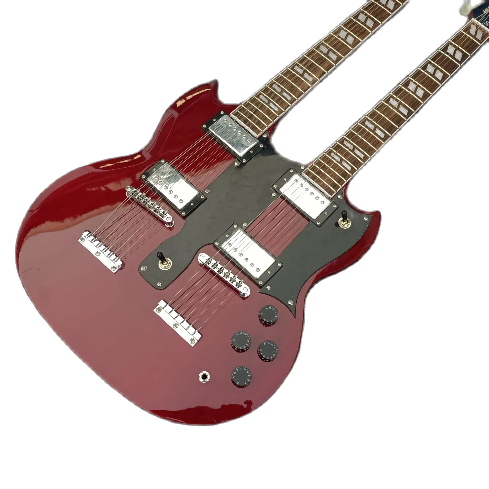 Lvybest E-Gitarre 2021, hochwertiges Niveau, produziert Doppelhälse, weinrote Farbe, schwarzes Schlagbrett, 6 und 12 Saiten Kopfplatte