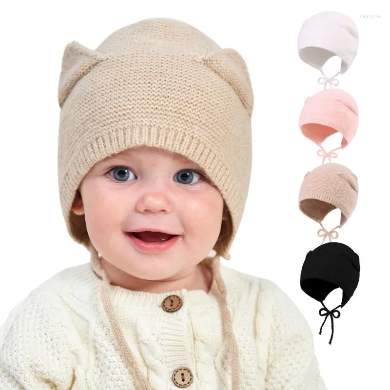 Hattar 2022 Vinterfast färg stickad baby ull hatt tecknad öron Braid Protector Varma barns lämpliga 0-3 år