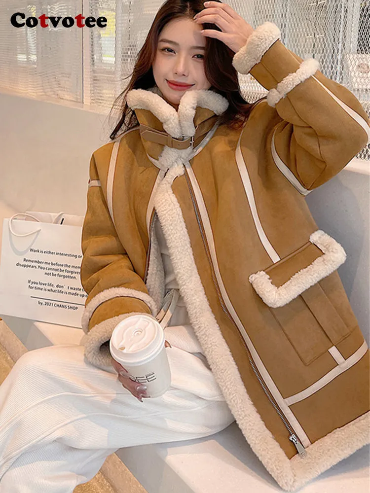 Femmes cuir Faux Cotvotee vestes pour épissé laine d'agneau manteau d'hiver Vintage pardessus femme lâche neige chaud veste 221122