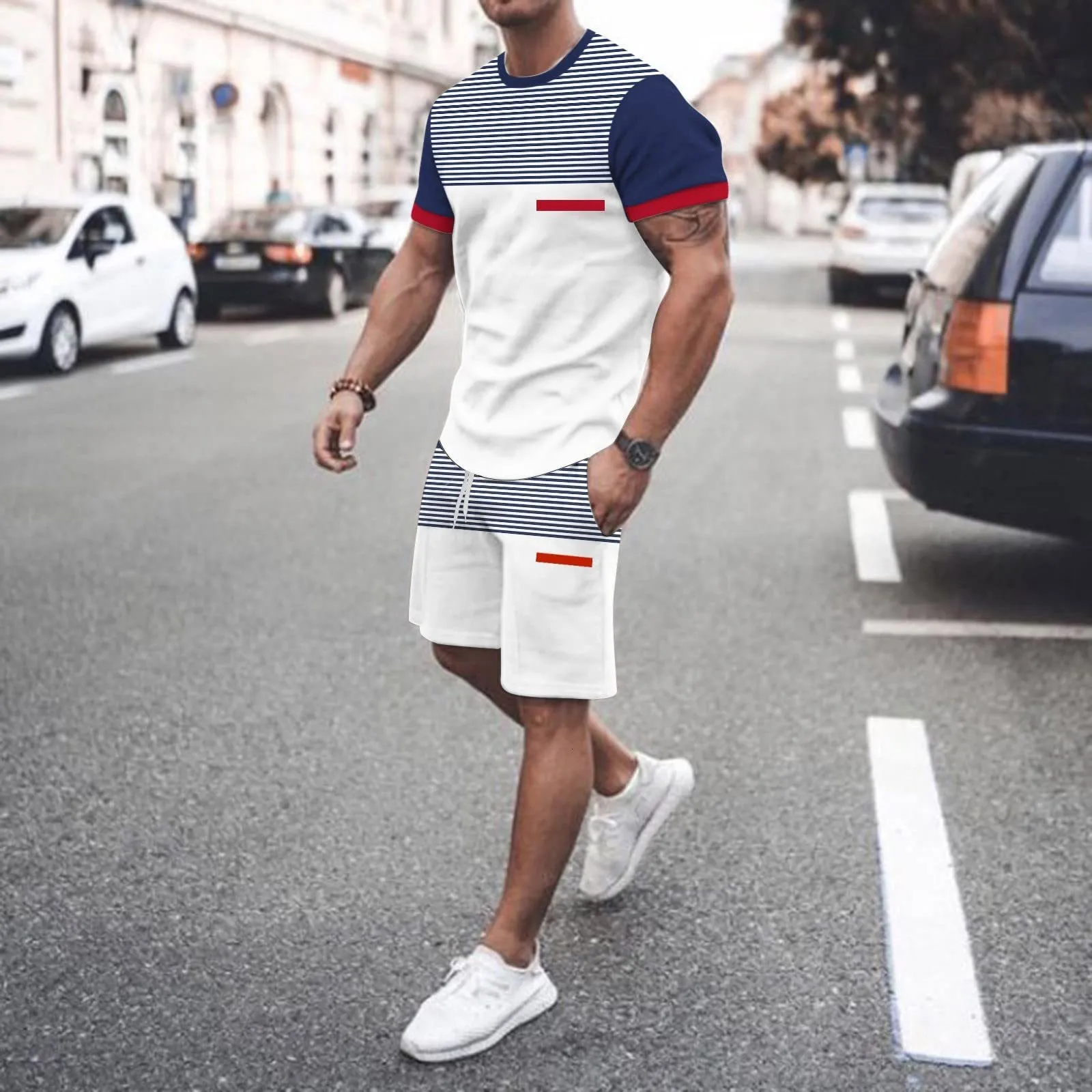 Men's Hoodies Sweatshirts Summer Men's Solid Color Stripe Print Tracksuit 2 Pieces Fashion TShirt Shorts Set Male Casual Streetwear Clothing Outfit 221122