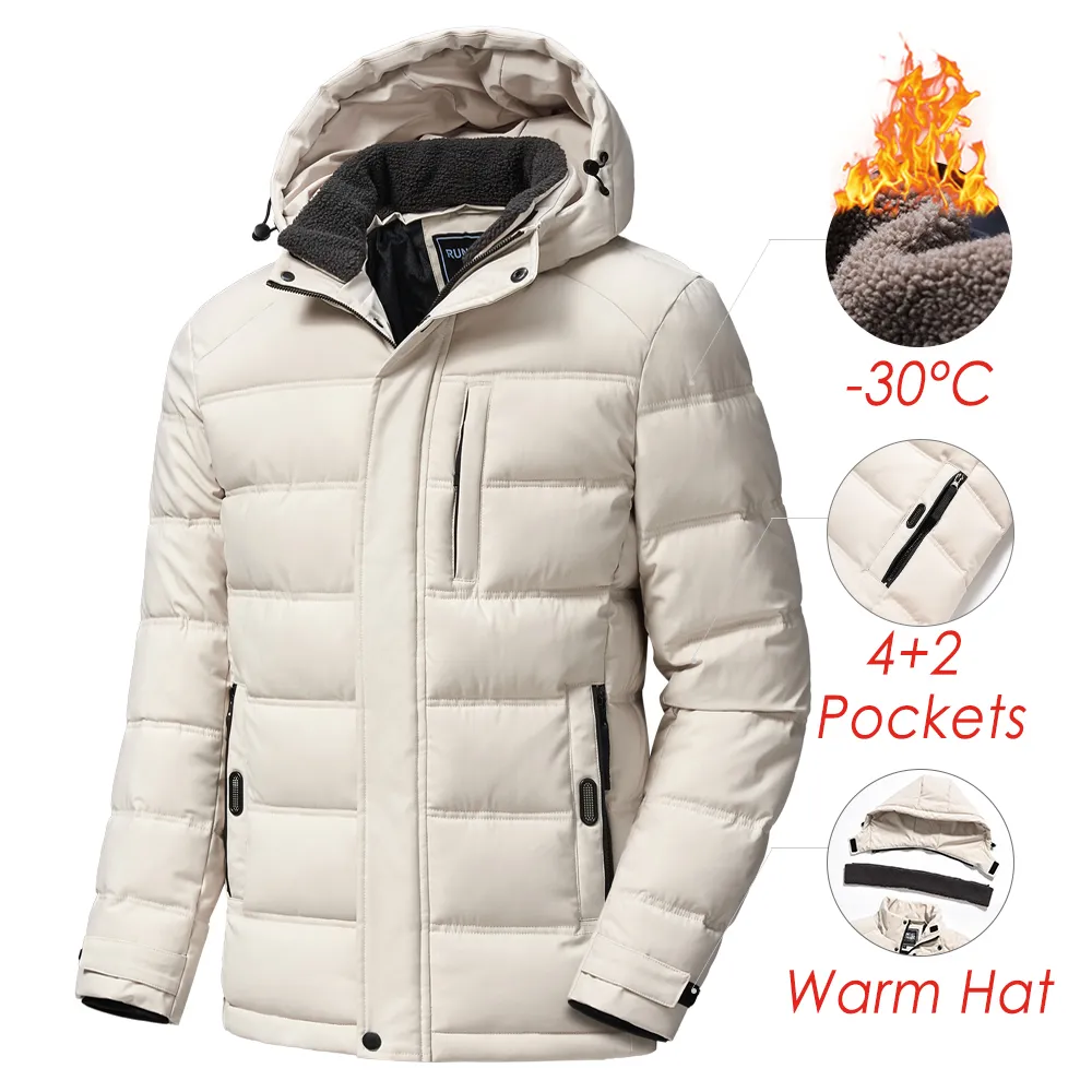 Mens Down Parkas Winter Classic Casual Waterproof Warm Thick Fleece Jacket Coat Autumn Outwear Vintage Hat Pocket Parka 221122