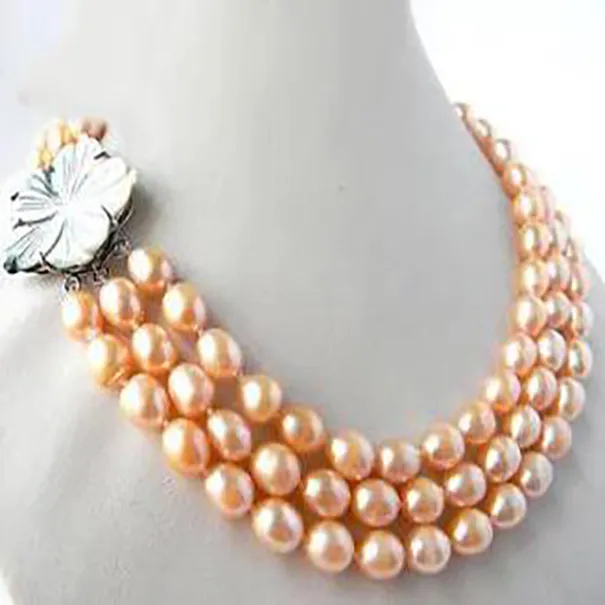 Fashion New 3Stands 18 '' 9 mm Collier de perle d'eau douce de riz rose