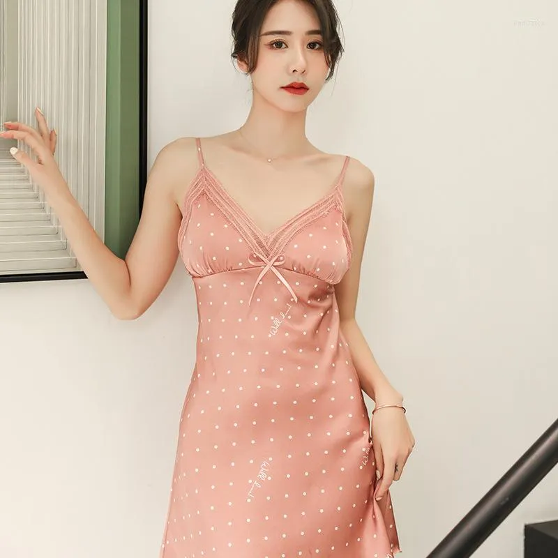 Women's Sleepwear Summer Women Nightgown Satin Faux Silk Print Dot Spaghetti Strap Nightdress With Lace Soft Nightwear Home Clothes