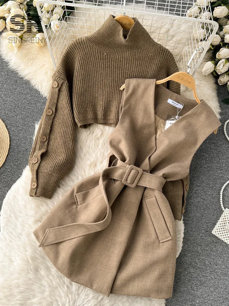 Two Piece Dress SINGREINY Winter Thick Sweater Sets Turtleneck Button Long Sleeve Pullover Sleeveless Office Lady Elegant Suits 221122