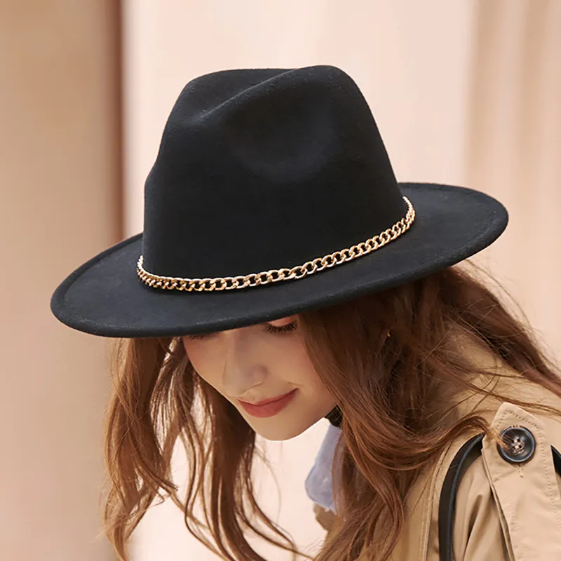 Breda brim hattar designer enkla ull kvinnor outback fedora f￶r vinter elegantlady jazz chic topp hatt