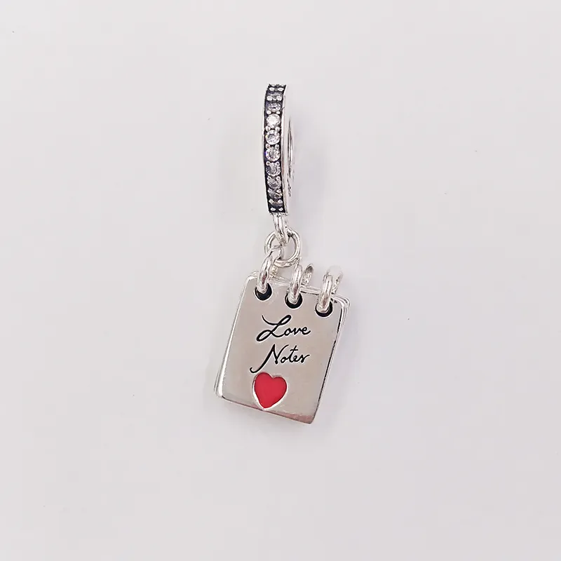 925 Sterling Silver Beads Love Notes Charm Clear Cz & Crimson Red Enamel Charms Fits European Pandora Style Jewelry Bracelets & Necklace 797835CZ AnnaJewel