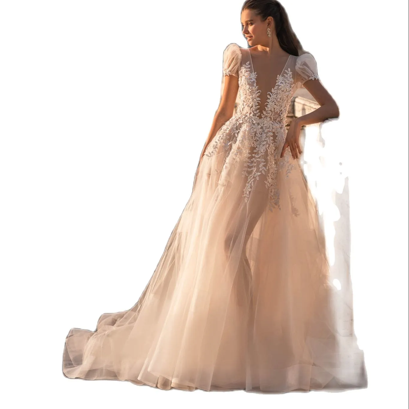 Elegant Berta A Line Wedding Dresses Deep V Neck Puffy Sleeve