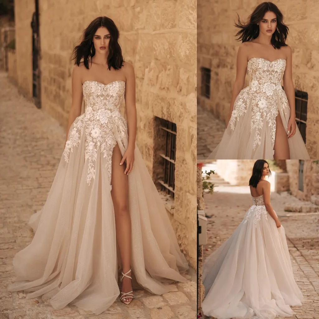 Berta Robes De Mariée En Dentelle Côté Split Robes De Mariée Appliqued Décolleté Sans Bretelles Paillettes Une Ligne Balayage Train Tulle Robe De Novia