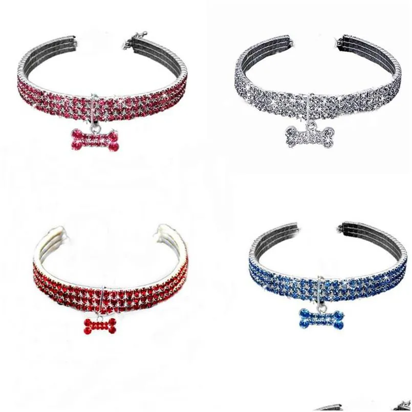 Dog Collars Leashes Doggy Collar Three Row Elastic Force Rhinestone Pet Collars Cats Dogs Ornaments Artificial Diamond Pets Chain Dhlyf