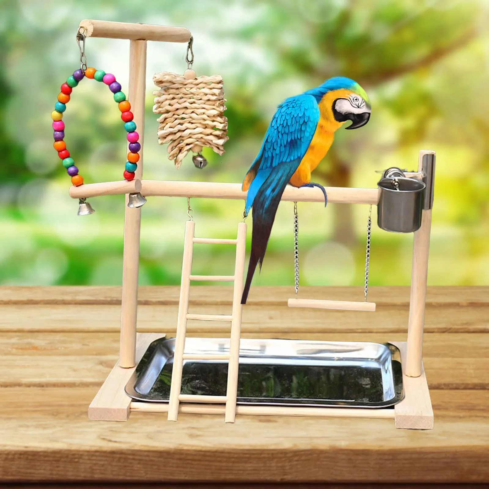 Pet Parrot Playstand Bird Playground Solid Wood Perch Ladder for Parakeet