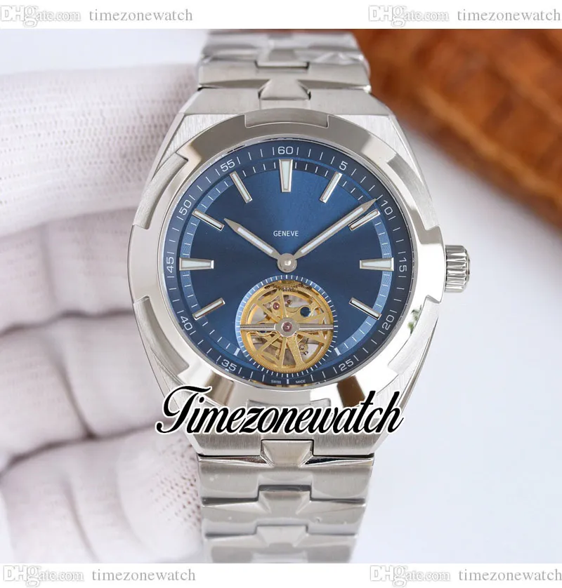 TWF 42,5 mm Overseas Skeleton Tourbillon Herrenuhr Automatik 6000 V/110 A-B544 blaues Zifferblatt Stickmarkierungen Edelstahlarmband Uhren TWVC Timezonewatch E175A2