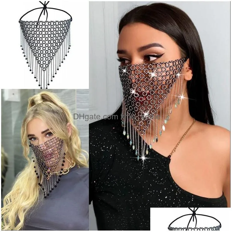 Designer Masks Metal Adjustable Rope Face Mask Weave Rhinestone Crystal Tassels Mouth Er Grid Women Masks Fashion Accessories Arriva Dhzkd