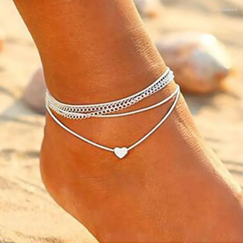 Tornozeleiras mulheres simples coração descalço sandálias de crochê boêmio jóias de praia jóias tornozelo em camadas de tornozelo