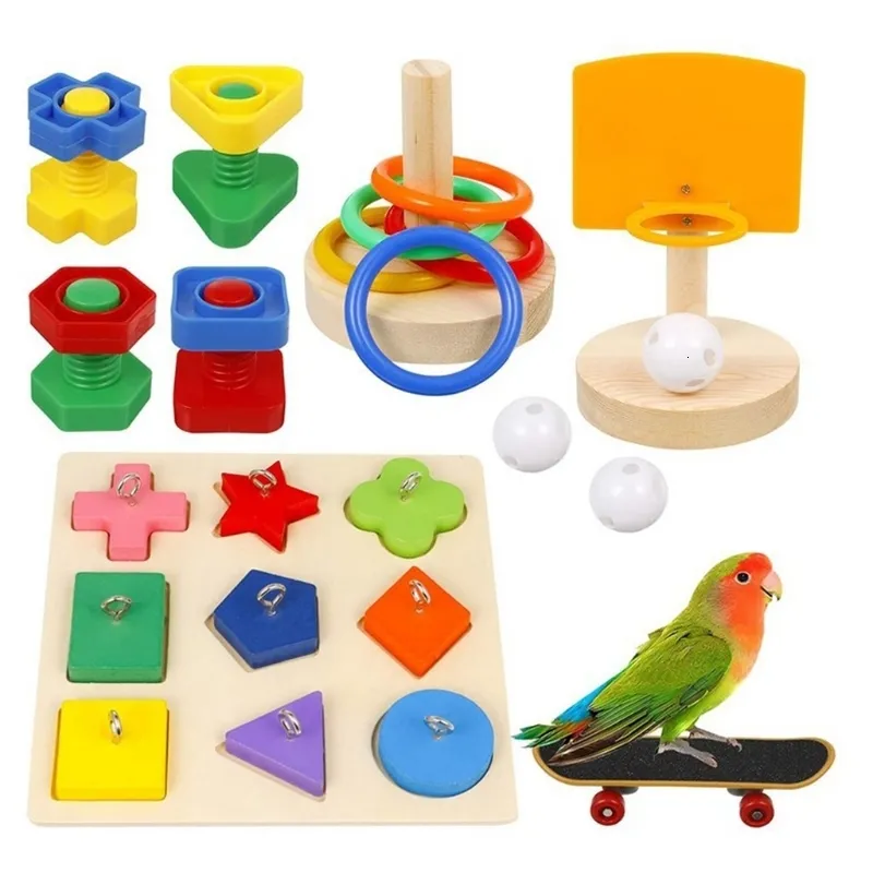 Autres fournitures d'oiseaux 5 pièces ensemble de jouets d'entraînement de perroquet d'oiseau comprenant un bloc de bois puzzle jouet basket-ball anneaux empilables écrous et boulons de planche à roulettes jouet 221122