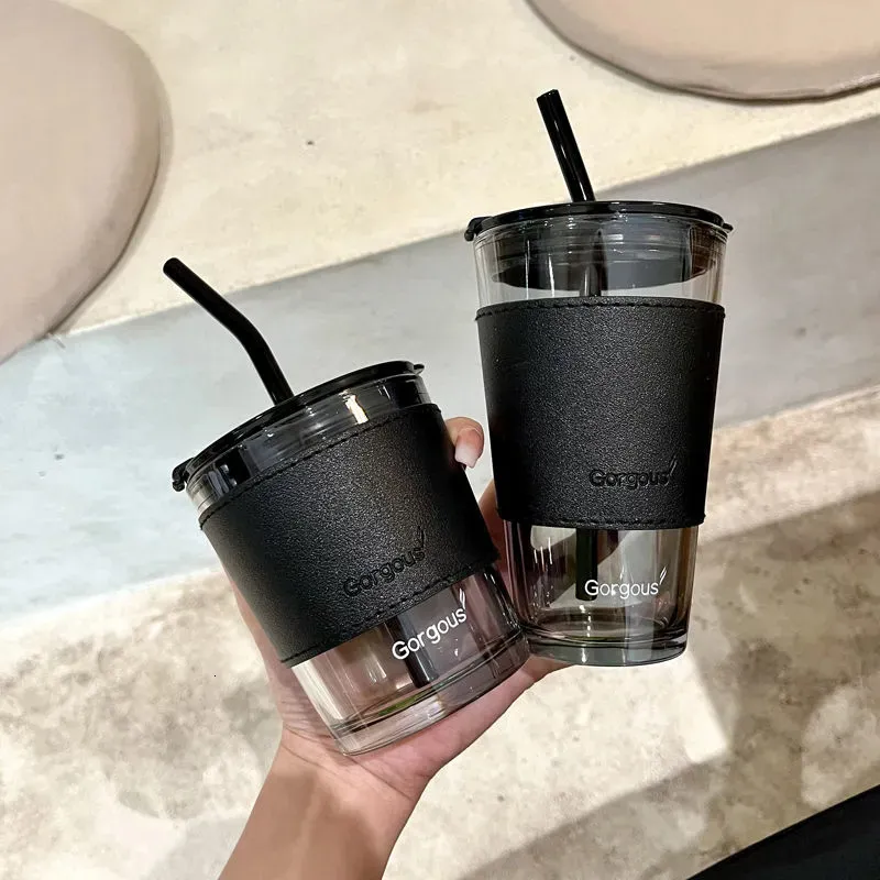 Mokken 350 ml 450 ml Creative Glass Coffee Straw Cup met dekselhoogtesistente waterfles bierthee -thee -drinkgarage mok 221122