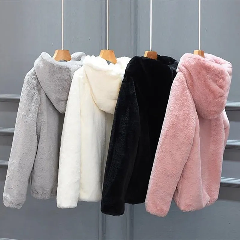 Womens Fur Faux Rabbit Imitation Winter Grass Coat Ladies Artificial Hooded Soft Warm Overcoat Women Jacket Zip Top Streetwear 221122