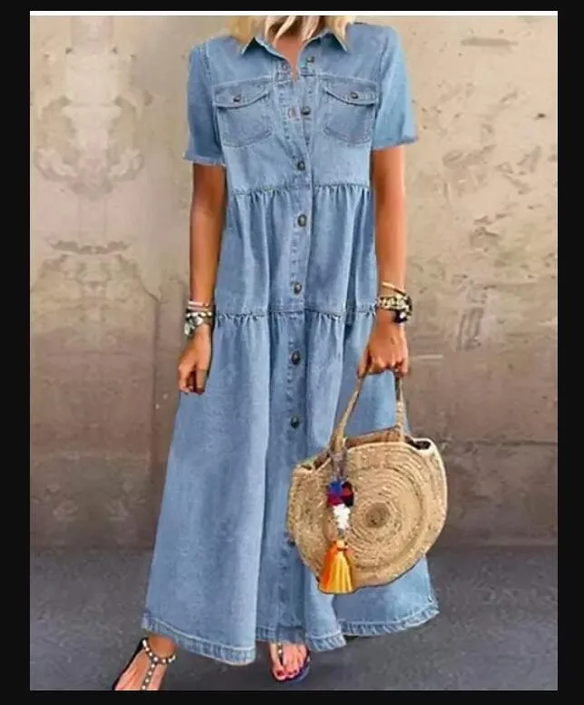 Womens Denim Maxi Dress Retro Button Pockets ... From Huangshan444, $23.07  In Bulk | DHgate.Com