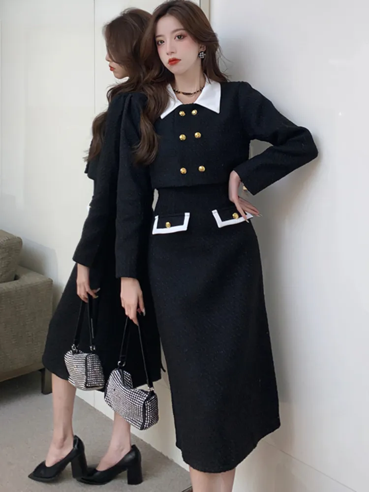 Two Piece Dress Vintage Short Blazer Suit Tweed Black Jacket Coat Slim Midi es Set Womens Outfits Office Lady 221122