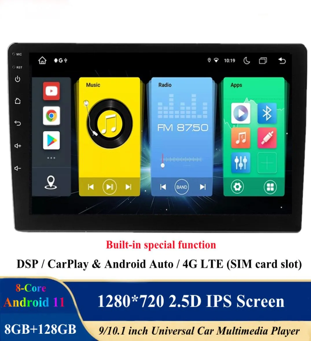 Android 11 Universal Car DVD -плеер Bluetooth встроенный 4G Wi -Fi CarPlay Android Auto 25D IPS Touch Ecrem